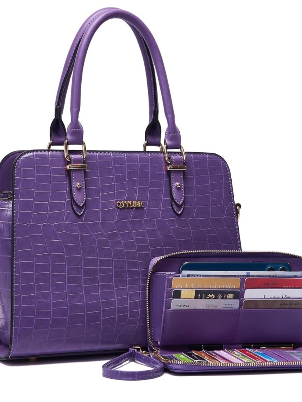 Purple Croc-Embossed Satchel Handbag